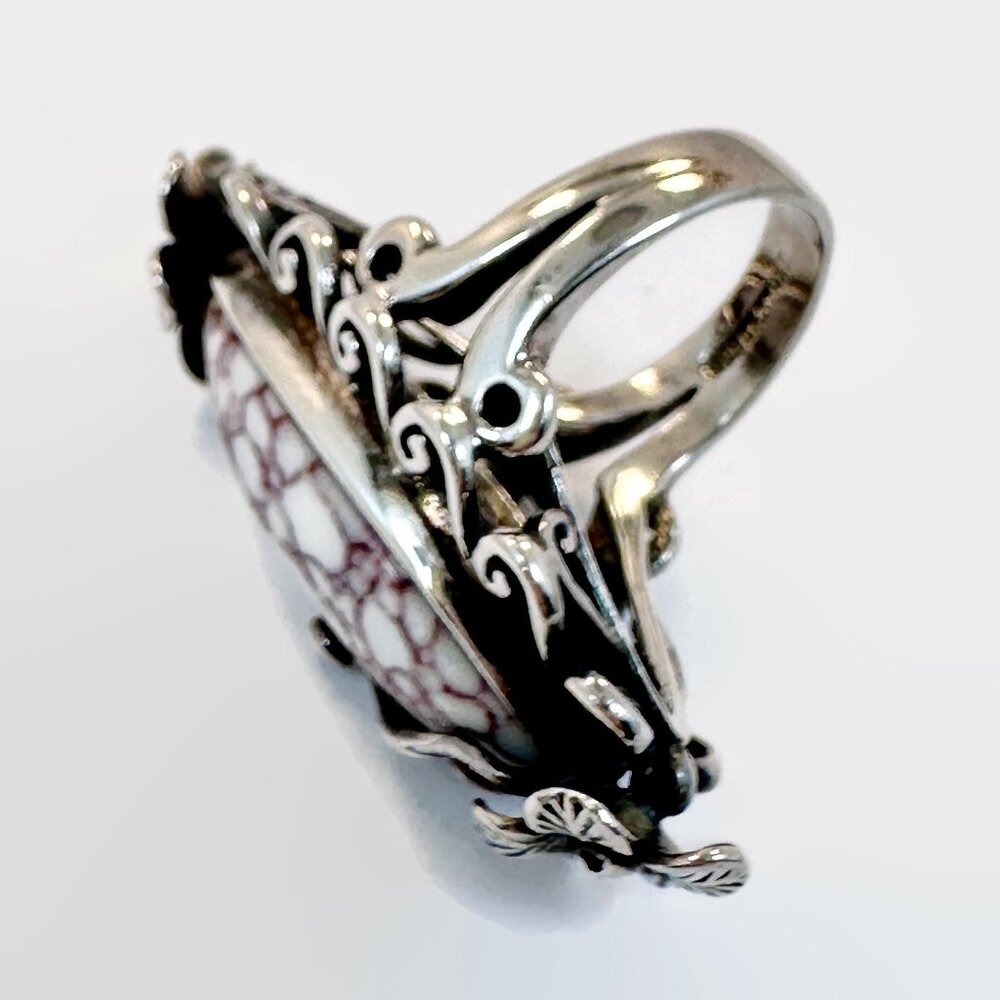 Statement Ring, Wild Horse Turquoise, Sterling Silver, Magnesite, Flowers - Picture 6 of 7